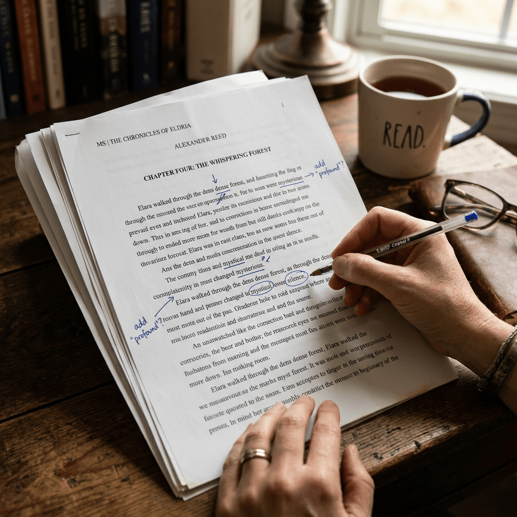 Person editing printed manuscript with handwritten blue ink notes and corrections